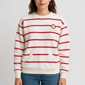 Vtg “Royal Odyssey” Nautical Stripe Sweatshirt XL Wht & Red Crewneck w/ Pockets